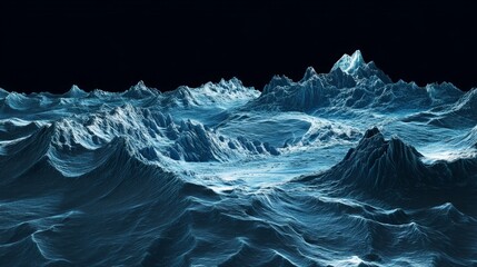 Detailed digital illustration of an oceanic landscape with topographic lines rendered in shades of blue against a dark background