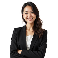 Beautiful young asian businesswoman with happy and smiling face wearing black blazer isolated on transparent background