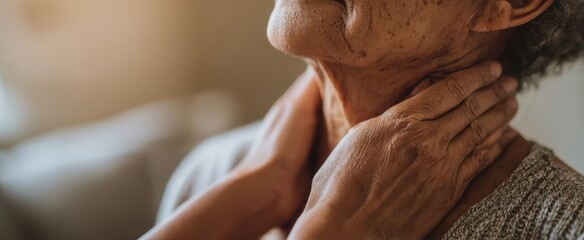 Naklejka premium The tender moment of hands cradling an elderly woman's neck in care.