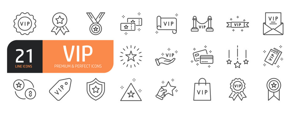 Set of line icons related to VIP, Special Guests List, VIP Line and more. Outline icons collection. Editable stroke. Vector illustration.