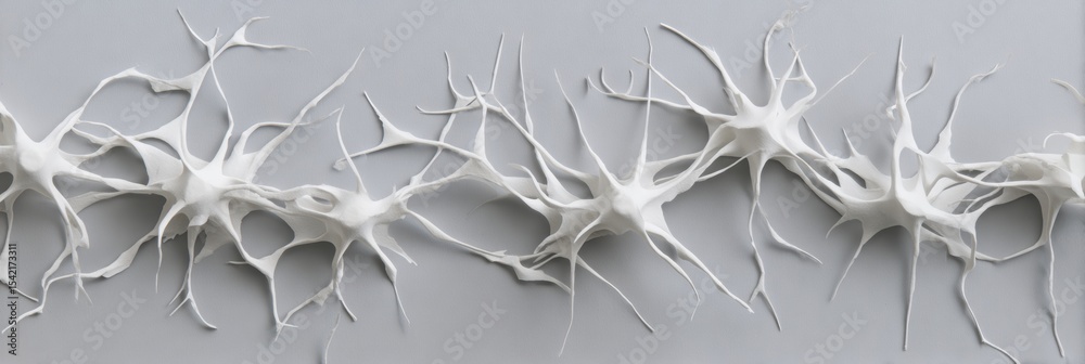 Poster Floating Paper Strips Emulate Neuron Shapes Against a Neutral Background Highlighting Creative Representation of Brain Cells