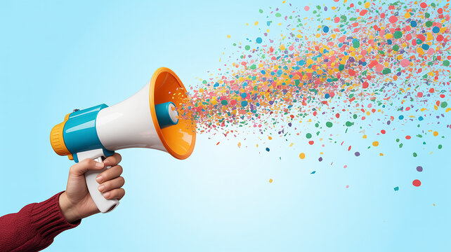 Hand Holding Megaphone with Colorful Confetti Explosion Announcing Exciting News or Promotion