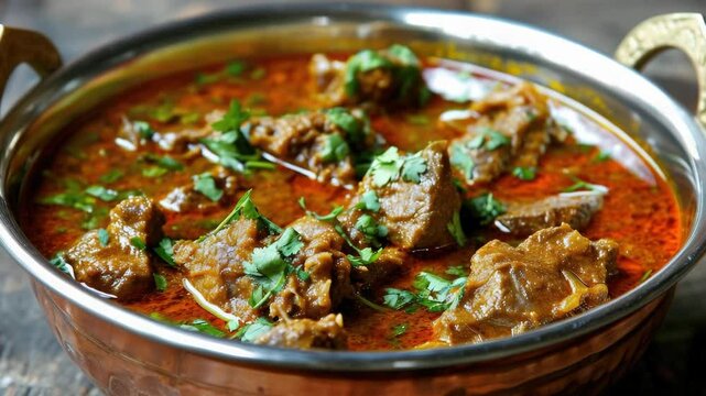 A hot, slow-cooked mutton curry served in a traditional copper pot, showcasing the rich flavors of ethnic Indian cuisine.