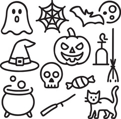 Fototapeta premium Halloween Icons – Ghost, Bat, Pumpkin, Skull, Witch Hat, Broom, Spider Web, Cat, Cauldron, Candy – Clean Silhouettes for Spooky Seasonal and Holiday Graphics