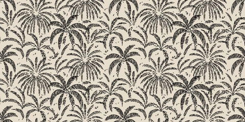 Tropical seamless pattern with hand drawn palm trees. Black hand drawn lines background for fabric, textiles, clothing, poster, cover, decoration, banner, wallpaper, interior. Vector illustration.