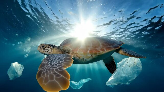 A sea turtle surrounded by plastic waste underwater highlights environmental issues