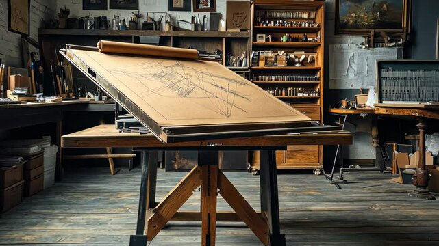 Artist's drawing studio with drafting table