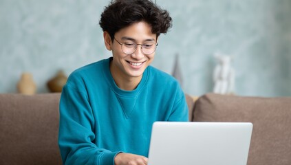 Smiling Asian Man Using Laptop at Home