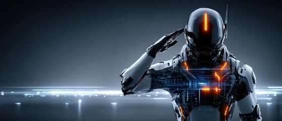 Fototapeta premium Futuristic robot saluting in a dark setting