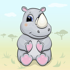 Cute cartoon rhino in nature. Vector illustration of an animal  in savannah.