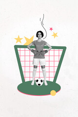 Trend artwork banner sketch collage of young lady boxer glove stand net soccer ball sport...