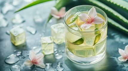 Lychee tea with aloe vera cubes and flower garnish