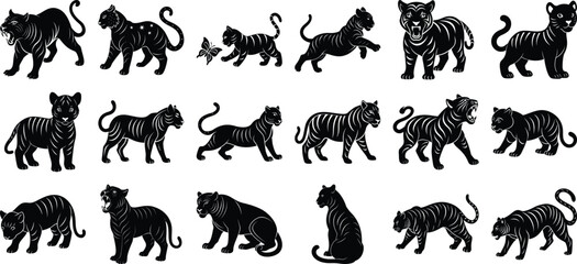 Big Tiger Silhouette Bundle, on white background.