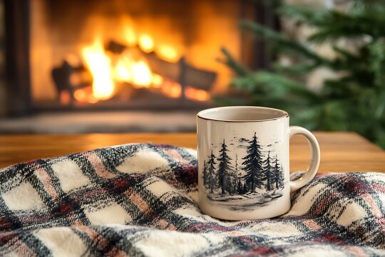 Custom Mug Mockup on Cozy Plaid Blanket Near Fireplace
