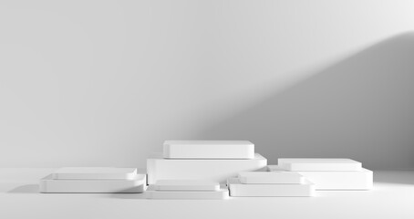 3D render, Square podium white pedestals under soft lighting, creating minimalist background. Showcasing beauty, skincare, tech, or fashion products in e-commerce, ads, and branding visuals.