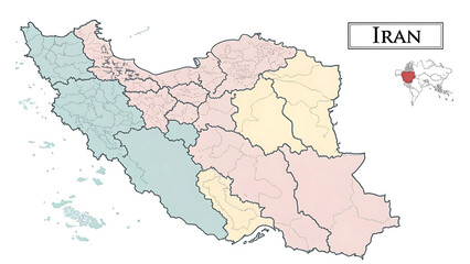 Obraz premium Simplified Pastel Political Map of Iran Showing Provinces in Pale Green Beige and Pink Hues