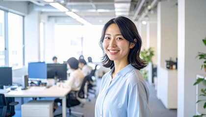 会議に向かう日本人女性会社員の自然な笑顔 – 現代オフィスでのリラックスしたワークシーン
Japanese Office Woman Smiling on Her Way to a Meeting – Relaxed Work Scene in a Modern Office
