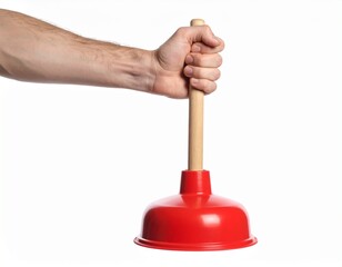 Hand Holding Red Toilet Plunger – Realistic Isolated Image