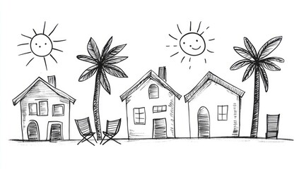 Simple sketch of beach houses with palm trees and sun