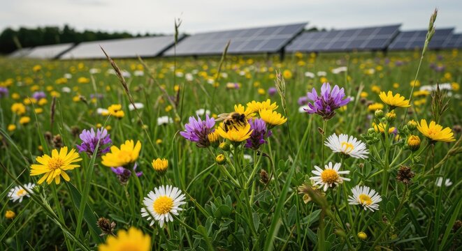 A vibrant meadow with wildflowers and solar panels in the background. A bee collects nectar from a flower