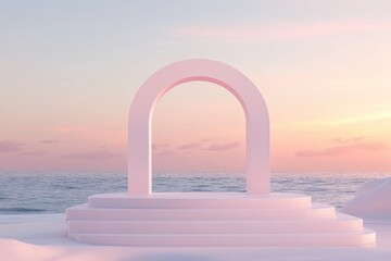 Pastel archway podium on a beach at sunrise