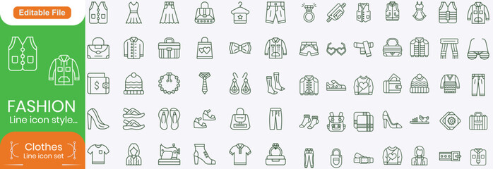 Fashion Line Editable Icons set. Containing T-shirt, shirt, dress, shoe, tie, underwear, etc. Editable stroke. Vector illustration