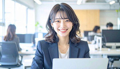 Obraz premium ノートパソコンを操作する自然な笑顔の20代日本人女性、紺スーツ姿でオフィス、ビジネス写真 Japanese Businesswoman with Bangs Using Laptop – Navy Suit, Natural Smile, Relaxed Pose in Office
