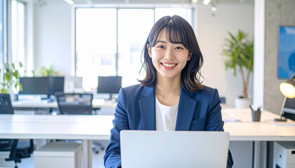 ノートパソコンを操作する自然な笑顔の20代日本人女性、紺スーツ姿でオフィス、ビジネス写真
Japanese Businesswoman with Bangs Using Laptop – Navy Suit, Natural Smile, Relaxed Pose in Office
