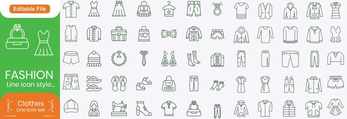Set of line icons related to fashion, sewing, and clothing. Outline icon collection. clothes and cloth elements - minimal thin line web icon set. Outline editable icons collection. Dress,polo t-shirt