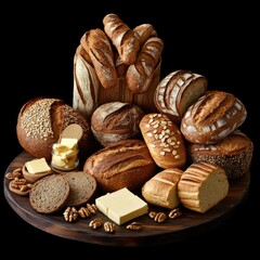 Assorted artisanal breads and butter on a wooden platter