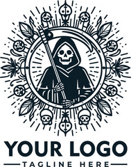 Grim Reaper illustration in a circle frame with skulls, leaves, and rays, holding a scythe.
