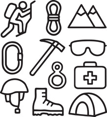 Obraz premium Camping & Hiking Icon Set – Backpack, Boot, Tent, Campfire, Map, Water Bottle, Compass, Mountain, Hiker, Signpost – Minimalist Black Silhouettes for Outdoor Lifestyle Graphics