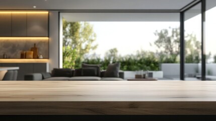 Empty wooden table top with a blurred living room interior background for product display presentation or design of a coffee shop home and kitchen show concept
