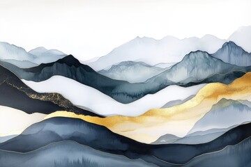 Abstract mountain range with layered washes of gold, blue, and white