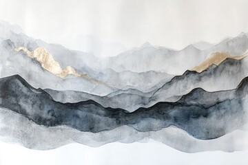 Abstract mountain range, soft grey-blue and gold watercolor