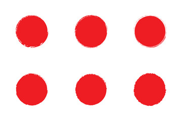 Japanese red circle painted with brush. Chinese sun with textured stroke. Set of round stamps in grunge style.