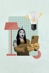 Composite zine pop trend collage of happy businesswoman businessman stand light bulb lamp blackout...