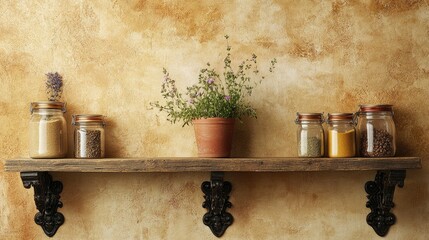 Wooden shelf with glass jars of spices and herbs.