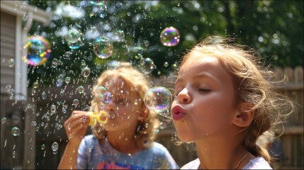 Kids Blowing Iridescent Bubbles in Sunny Backyard - Joyful Childhood Summer Play Fun