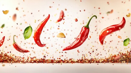 Red chili peppers and spices in mid-air