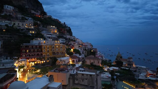 Aerial shot of Positano night lights on Amalfi Coast, Italy