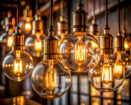 Warm backlit glass bulbs with brass sockets in moody ambience