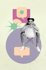 Image vertical photo pop collage of happy girl guy send receive message notification speech chat...