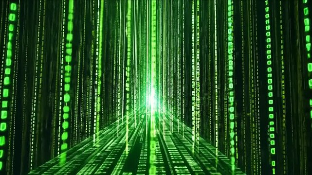 Digital Data Stream: Immersive Perspective of Binary Code Flowing Downward