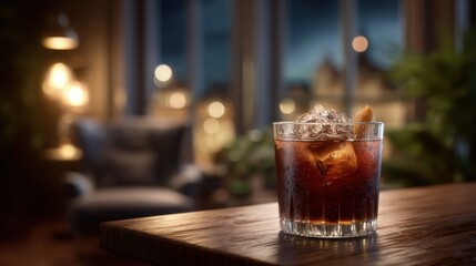 Enjoy a classic Old Fashioned cocktail a refreshing drink with whiskey ice and orange peel served on a wooden table in a softly lit luxurious lounge
