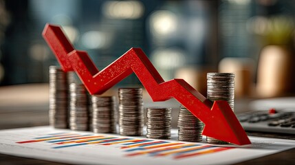 A red downward arrow graphically represents financial decline, set against stacks of coins and a blurred office background.