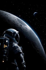Obraz premium Astronaut gazing at a moon and a planet in deep space