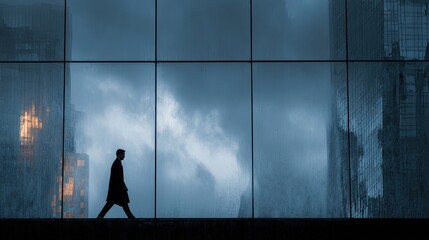 Fototapeta premium A silhouette of a person walking against a large glass building reflecting a cloudy, moody sky at dusk.