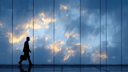 A silhouette of a businessman walking with a briefcase in front of a large glass wall reflecting a cloudy sky at sunset.