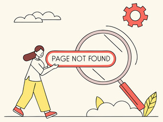 Magnifying glass zooming in on page not found banner with bold message